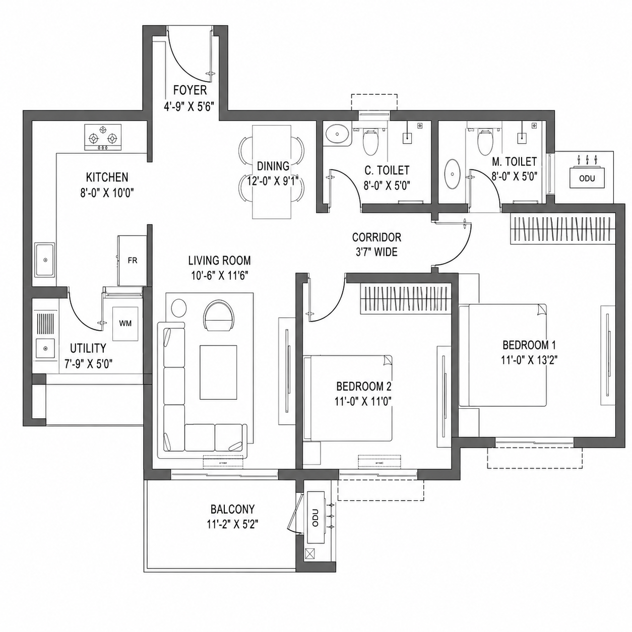 2 BHK — Approx. 1,200 Sq.Ft.